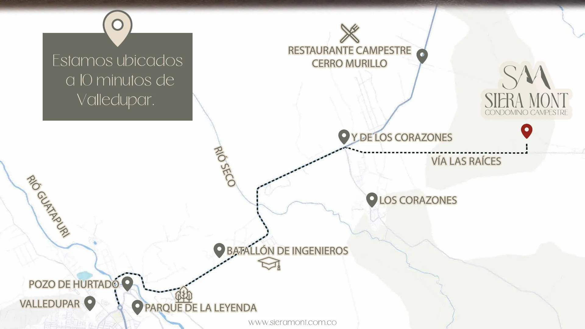 Mapa de ubicación de Siera Mont entre Valledupar y Los Corazones, por la vía Las Raíces